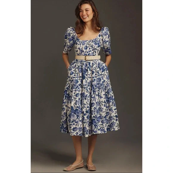 NWT Anthropologie Blue White Tiered Midi Dress - Large